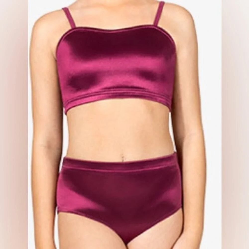 Double Platinum Performance Burgundy Satin Dance Set High Waist - NWT - adult AS